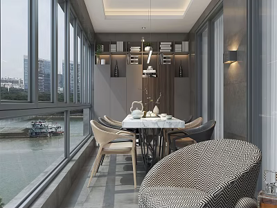 Modern Home Balcony With Large Windows River View Dining Table Chairs Bookshelves And Pendant Light 3d model