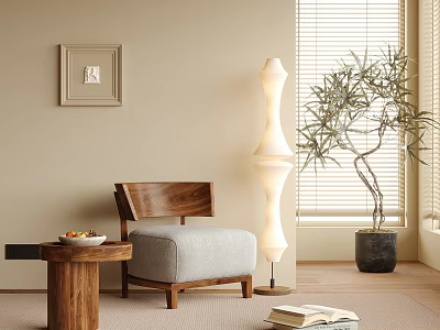 Modern Accent Chair With Wooden Frame Gray Cushion Side Table Floor Lamp And Indoor Plant 3d model