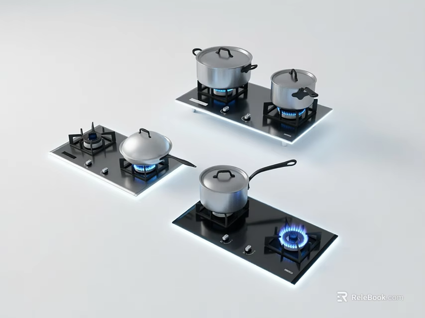 Modern Kitchen Gas Stoves With Pots And Blue Flames On Black Surfaces 3d model 