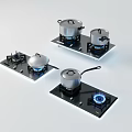 Modern Kitchen Gas Stoves With Pots And Blue Flames On Black Surfaces