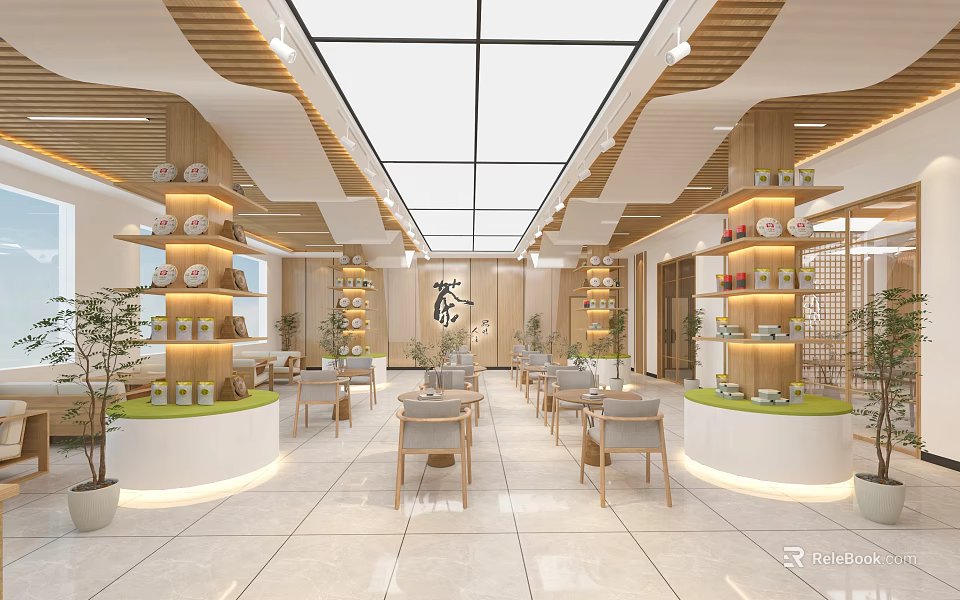 Modern Teahouse Interior With Wooden Shelves Tea Sets Seating And Green Plants 3d model 