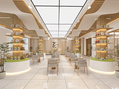 Modern Teahouse Interior With Wooden Shelves Tea Sets Seating And Green Plants 3d model