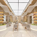 Modern Teahouse Interior With Wooden Shelves Tea Sets Seating And Green Plants