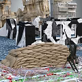 Cartoon Scene With Ruined Buildings Sandbags Toy Soldier And Colorful Candies
