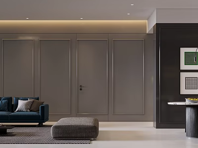 Modern Minimalist Living And Dining Space With Cozy Sofa And Sleek Gray Wall Panels 3d model