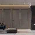 Modern Minimalist Living And Dining Space With Cozy Sofa And Sleek Gray Wall Panels