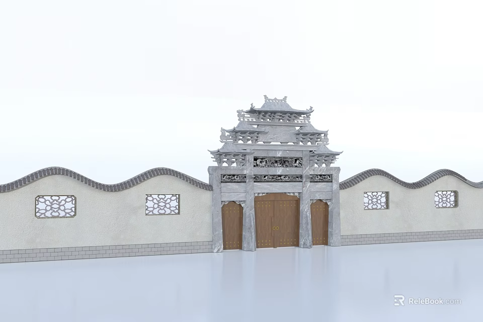 Traditional Chinese Architectural Structure With Gate Tower Enclosure Wall Carved Windows And Wooden Doors 3d model 