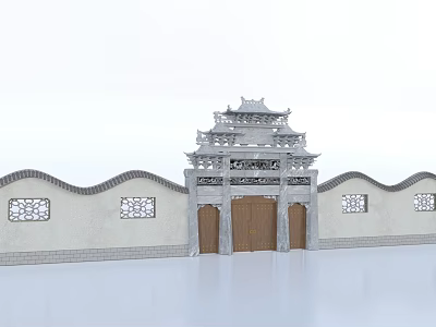 Traditional Chinese Architectural Structure With Gate Tower Enclosure Wall Carved Windows And Wooden Doors 3d model
