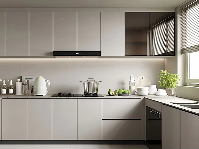 Modern Kitchen Interior Design With Gray Cabinets Countertop Appliances Green Plant And Window Blinds 3d model