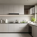 Modern Kitchen Interior Design With Gray Cabinets Countertop Appliances Green Plant And Window Blinds
