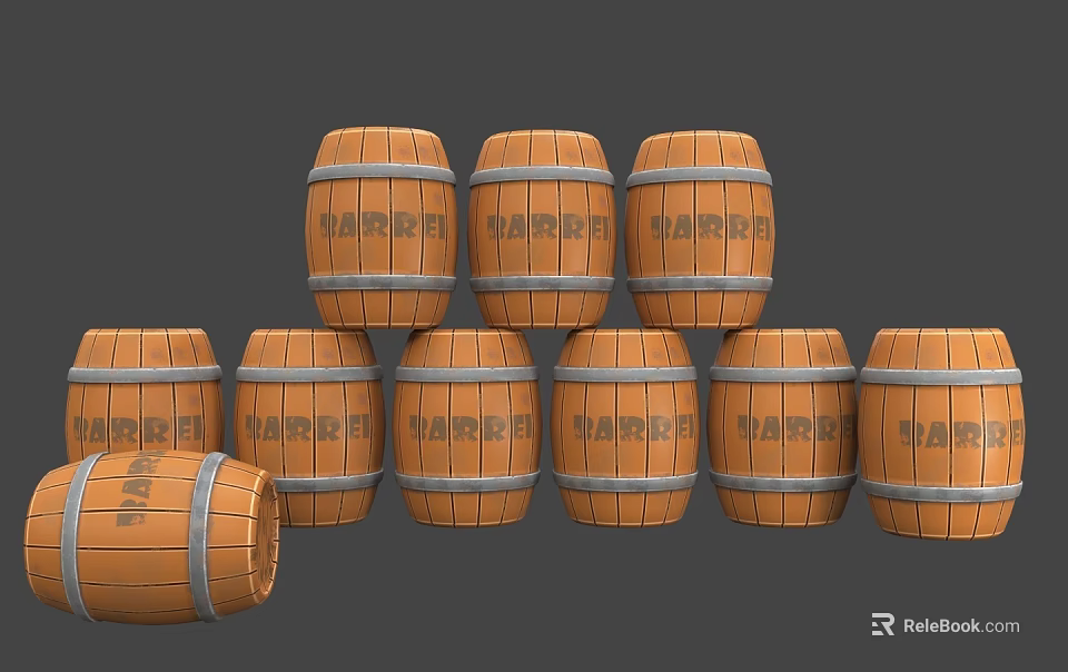 Stacked Wooden Barrels Labeled BARREL With One Fallen on Gray Background 3d model 