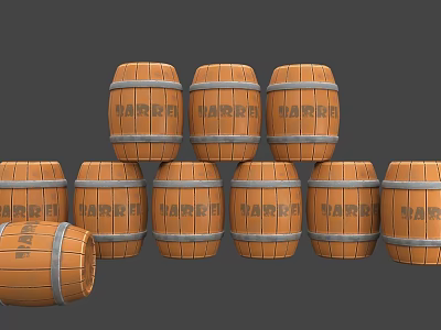 Stacked Wooden Barrels Labeled BARREL With One Fallen on Gray Background 3d model