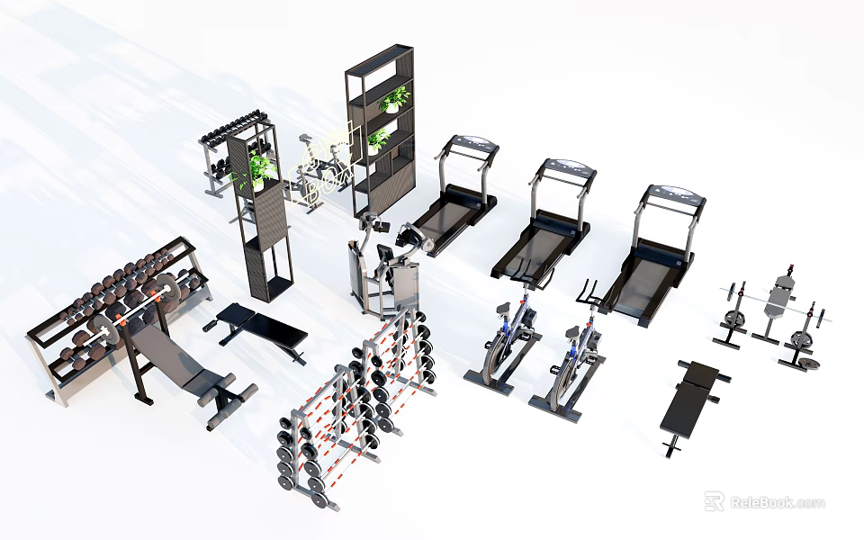 Various Sports Equipment Collection Including Treadmills Dumbbell Racks And Exercise Benches 3d model 
