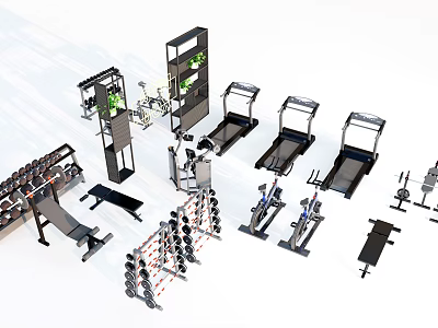Various Sports Equipment Collection Including Treadmills Dumbbell Racks And Exercise Benches 3d model
