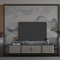 Elegant White TV Stand With Mountain Pattern Backdrop Marble Accent And Decorative Columns 3d model