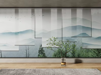 Modern Window Blinds With Scenic Mountain Landscape In Interior With Potted Plant And Wooden Floor 3d model