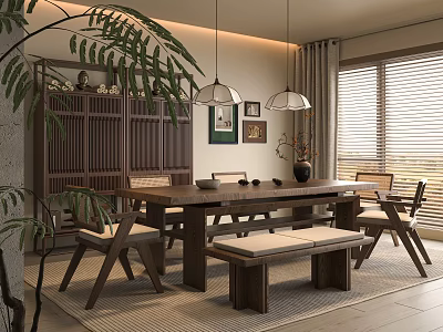 Serene Tea Room Interior With Wooden Table Bench Chairs Hanging Lights And Framed 3d model