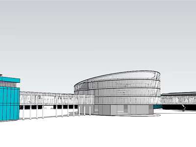 Modern Office Building With Curved Glass Facade And Blue Accent Structure 3d model
