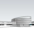 Modern Office Building With Curved Glass Facade And Blue Accent Structure