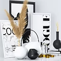 Stylish Decorative Ornament Set with Dried Pampas Grass Black White Vases Candle and Framed Artworks