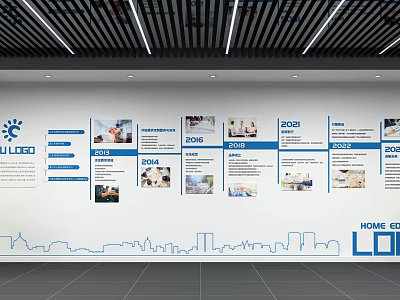Company Timeline Background Wall With Years Photos And Blue City Skyline Design 3d model