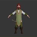 Medieval Male Character With Red Hat Beard Green Checkered Robe And Drum