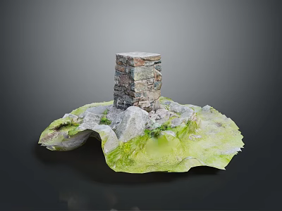 Natural Landscape with Stone Pillar Surrounded by Green Moss and Rocks on Small Island 3d model