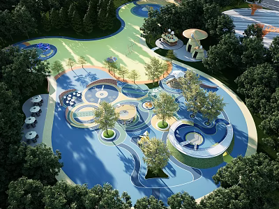 Vibrant Kids Playground With Circular Play Areas Green Lawns And Surrounding Trees 3d model