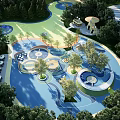 Vibrant Kids Playground With Circular Play Areas Green Lawns And Surrounding Trees