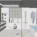 Luxurious Modern Bathroom Interior With Marble Walls Vanity Bathtub And Gold Fixtures