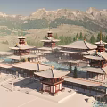 Scenic View of Traditional Ancient Chinese Architecture with Snow Capped Mountains Red Bridge and Stream