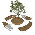 Wooden Public Chairs Arranged Around Circular Platform With Tree 3d model