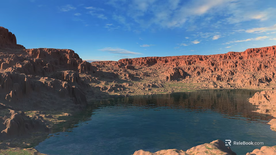 Scenic Red Rock Mountains and Blue Lake with Clear Sky and Fluffy Clouds 3d model 