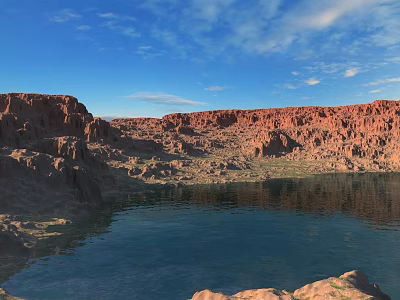 Scenic Red Rock Mountains and Blue Lake with Clear Sky and Fluffy Clouds 3d model