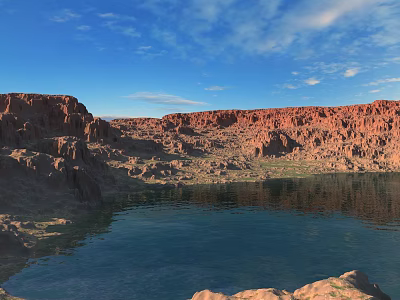 Scenic Red Rock Mountains and Blue Lake with Clear Sky and Fluffy Clouds 3d model