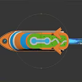 Orange Cosmic Spaceship With Green Cockpit Blue Stripes And Jet Flames