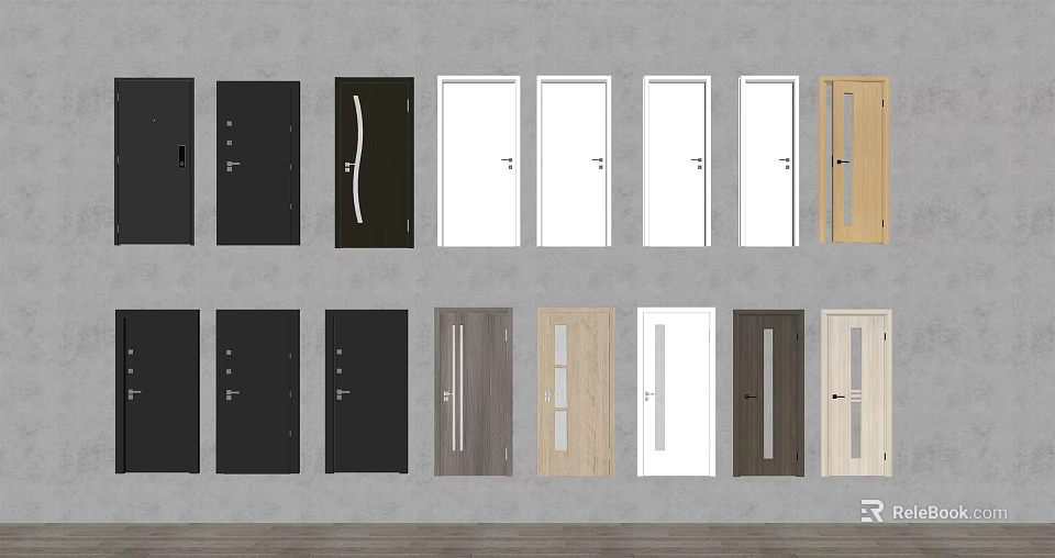 Different Colored Hinged Doors With Wood And Glass Panels For Interior Design 3d model 
