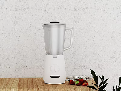 Stylish Kitchen Blender On Wooden Countertop With Strawberries And Green Leaves 3d model