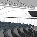 Modern Conference Room With Rows Of Blue Chairs And Curved White Ceiling Design