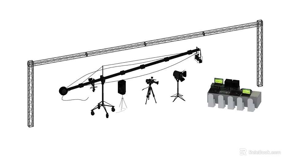 Professional Filming Equipment Setup With Camera Microphone Tripod Lighting And Control Console 3d model 