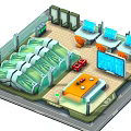 Cartoon Futuristic Interior Scene with Transparent Pods Green Lights Orange Chairs Desktops and Red Boxes