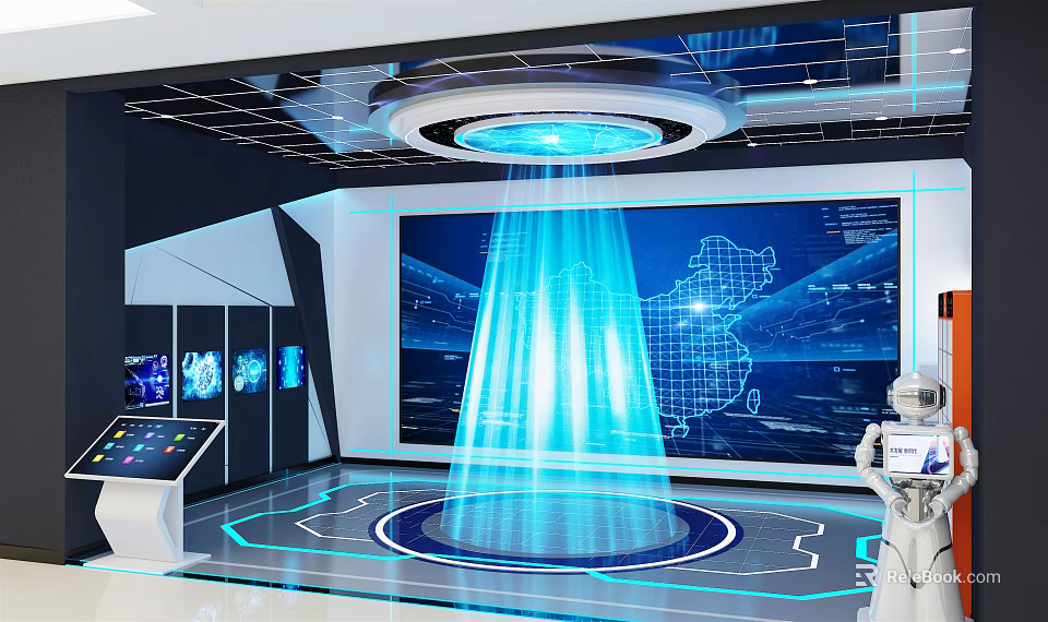 Hi Tech Exhibition Hall Featuring Large Screen Control Panel Blue Light And Robot 3d model 
