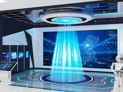 Hi Tech Exhibition Hall Featuring Large Screen Control Panel Blue Light And Robot 3d model