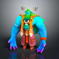 Turquoise Fantasy Character With Antlers Decorative Outfit And Orange Red Accents As Mythical Creature