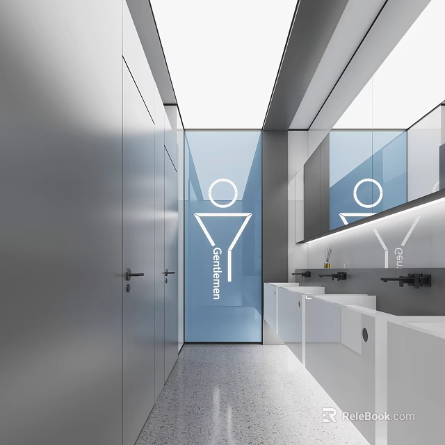 Modern Public Restroom Design With Glass Partitions Washbasins Mirrors And Signage 3d model 
