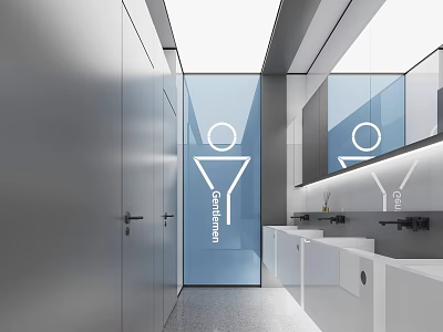 Modern Public Restroom Design With Glass Partitions Washbasins Mirrors And Signage 3d model