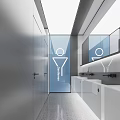 Modern Public Restroom Design With Glass Partitions Washbasins Mirrors And Signage