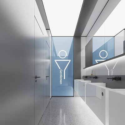 Modern Public Restroom Design With Glass Partitions Washbasins Mirrors And Signage 3d model