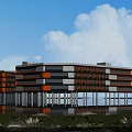 Modern School Building With Orange White Exterior Large Windows By Water And Greenery