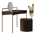 Modern Dressing Table Featuring Black Top Gold Frame Round Mirror White Stool And Tulip Decor 3d model